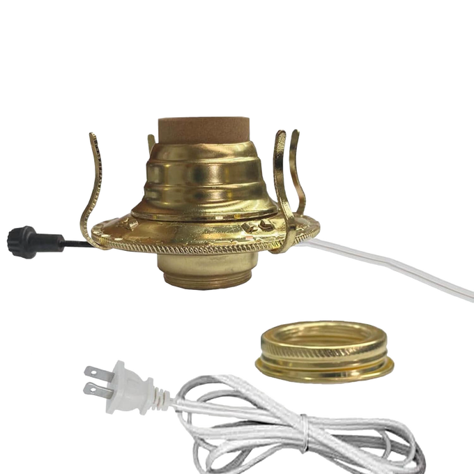 Handcrafted brass plated electrified burner with removable screw-on collar, threaded 1-3/16" base, UL listed 6 ft. white cord, suitable for Lamps & Lighting, Parts and Accessories, and Electric Conversion collections.