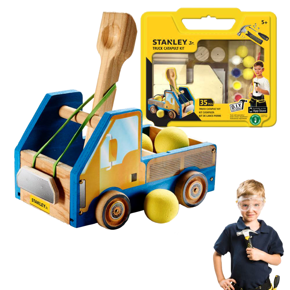 Wooden toy truck catapult with four wheels and yellow foam balls, part of a DIY building kit for children, featured in Toys, Books & Games, Children's Toys, and Arts and Crafts collections.
