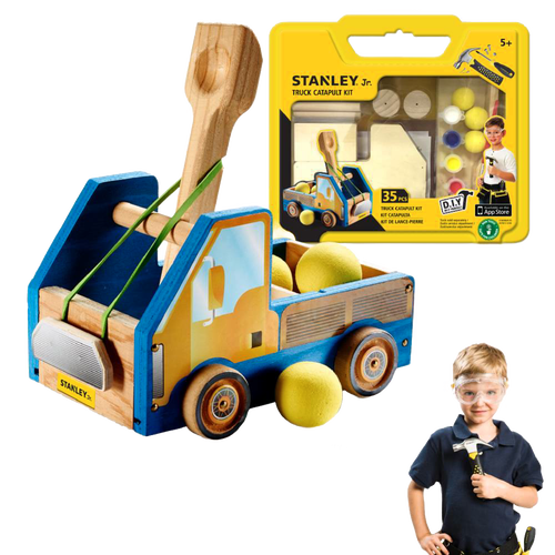 Wooden toy truck catapult with four wheels and yellow foam balls, part of a DIY building kit for children, featured in Toys, Books & Games, Children's Toys, and Arts and Crafts collections.
