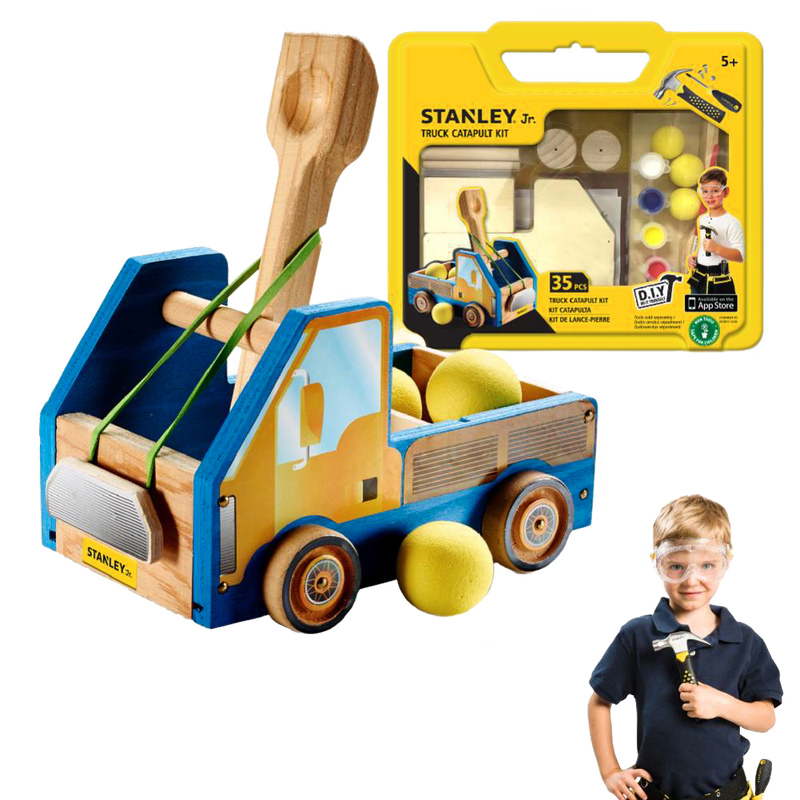 Wooden toy truck catapult with four wheels and yellow foam balls, part of a DIY building kit for children, featured in Toys, Books & Games, Children's Toys, and Arts and Crafts collections.