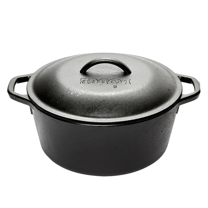 Handcrafted black cast iron Dutch oven with embossed lid and side handles, known for durability and heat retention; suitable for Kitchen & Food, Cookware, Cast Iron, USA Made, Best Sellers, Promo Eligible collections.