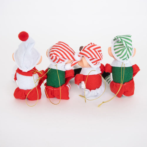 Group of four posable fabric elves with striped and solid hats in red, green, and white, each featuring a gold hanging cord, displayed as holiday decor in seasonal and best sellers collections.