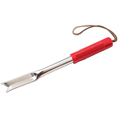 Handcrafted stainless steel garden weeder with a pointed V-end for digging out taproots, featuring a comfortable red contoured plastic grip, part of Farm, Garden & Tool, Digging and Cultivating, USA Made, Best Sellers, and Promo Eligible collections.