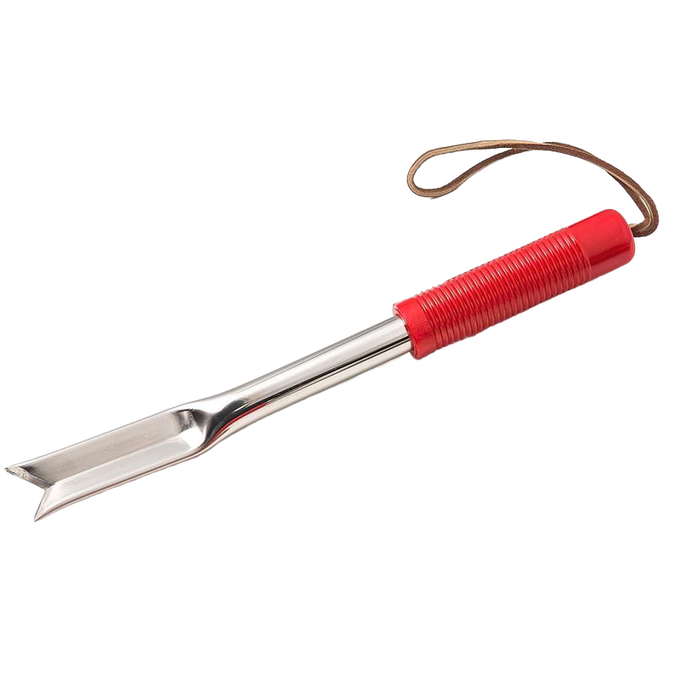 Handcrafted stainless steel garden weeder with a pointed V-end for digging out taproots, featuring a comfortable red contoured plastic grip, part of Farm, Garden & Tool, Digging and Cultivating, USA Made, Best Sellers, and Promo Eligible collections.