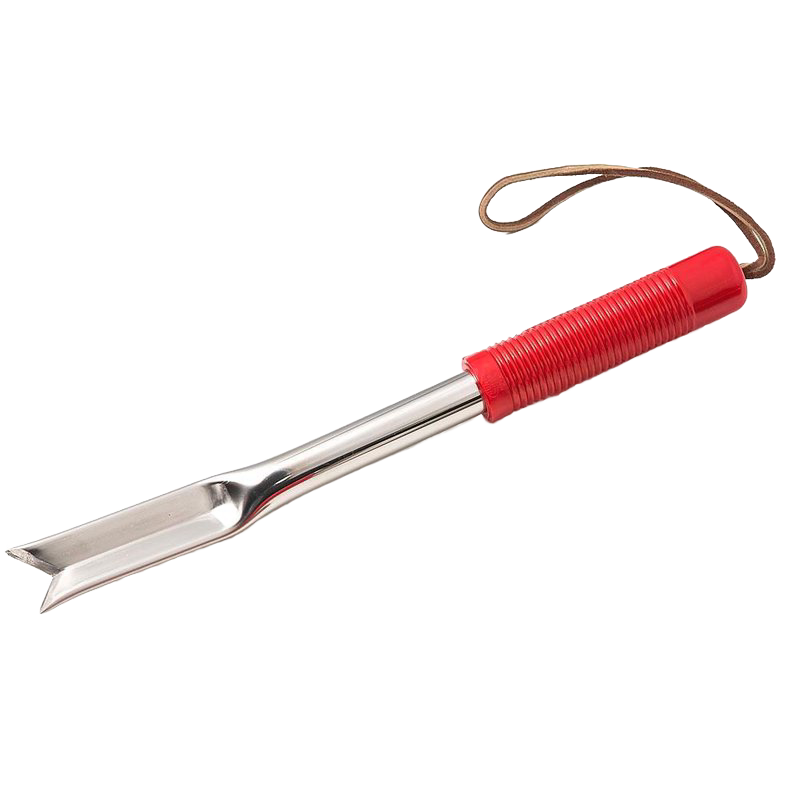 Handcrafted stainless steel garden weeder with a pointed V-end for digging out taproots, featuring a comfortable red contoured plastic grip, part of Farm, Garden & Tool, Digging and Cultivating, USA Made, Best Sellers, and Promo Eligible collections.