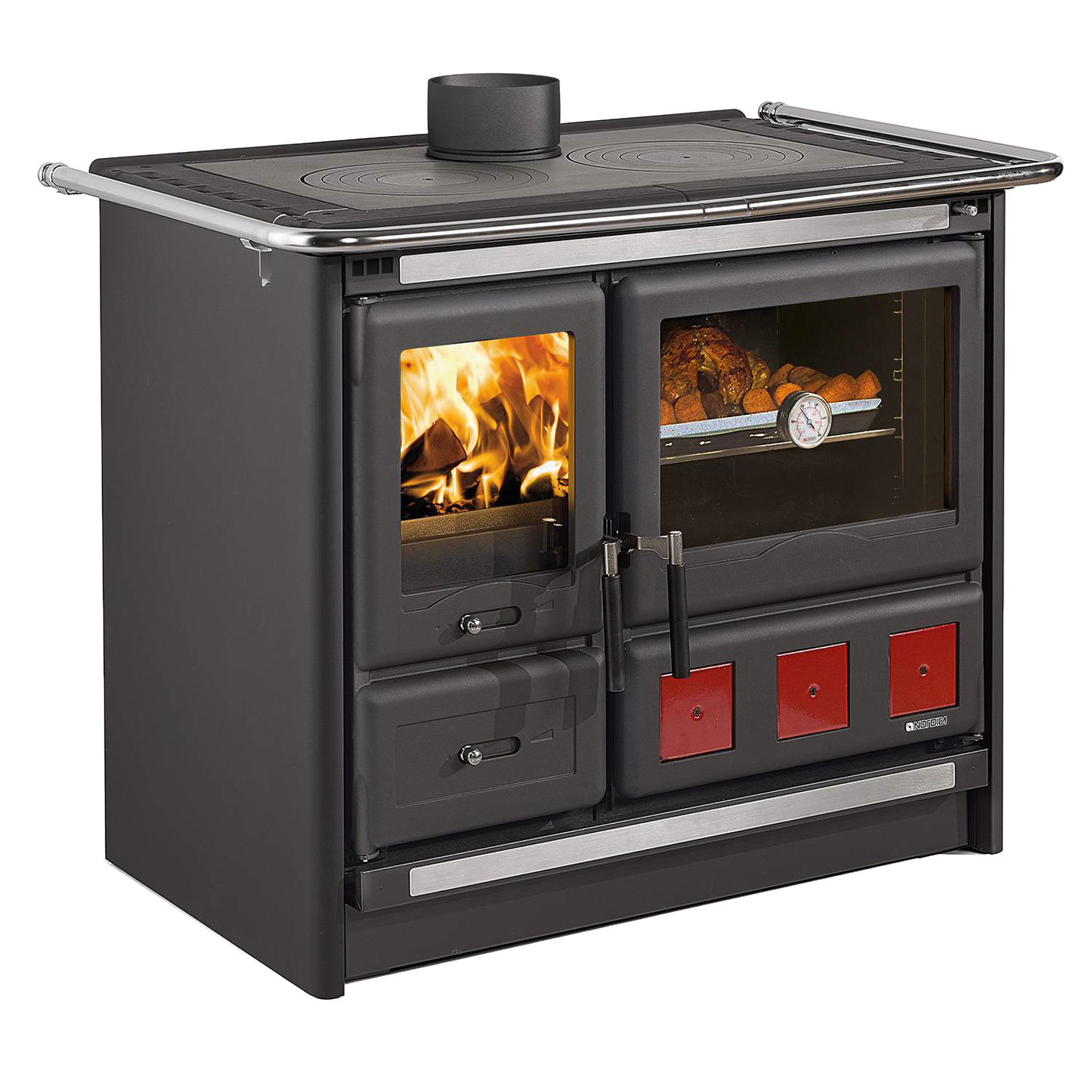 Freestanding wood cook stove with porcelain enameled steel oven and polished cast iron cooking plates, featuring an extractable ash drawer and cast iron hearth facing, from Stoves, Cookstoves, Best Sellers, and All Stoves & Appliances collections.