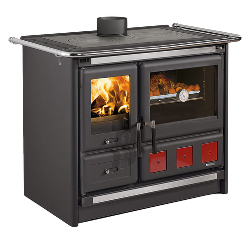 Freestanding wood cook stove with porcelain enameled steel oven and polished cast iron cooking plates, featuring an extractable ash drawer and cast iron hearth facing, from Stoves, Cookstoves, Best Sellers, and All Stoves & Appliances collections.