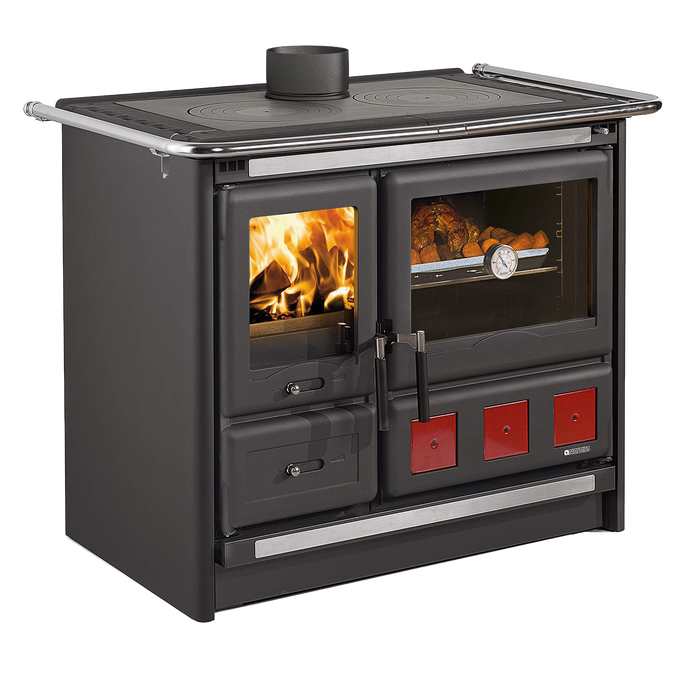 Freestanding wood cook stove with porcelain enameled steel oven and polished cast iron cooking plates, featuring an extractable ash drawer and cast iron hearth facing, from Stoves, Cookstoves, Best Sellers, and All Stoves & Appliances collections.