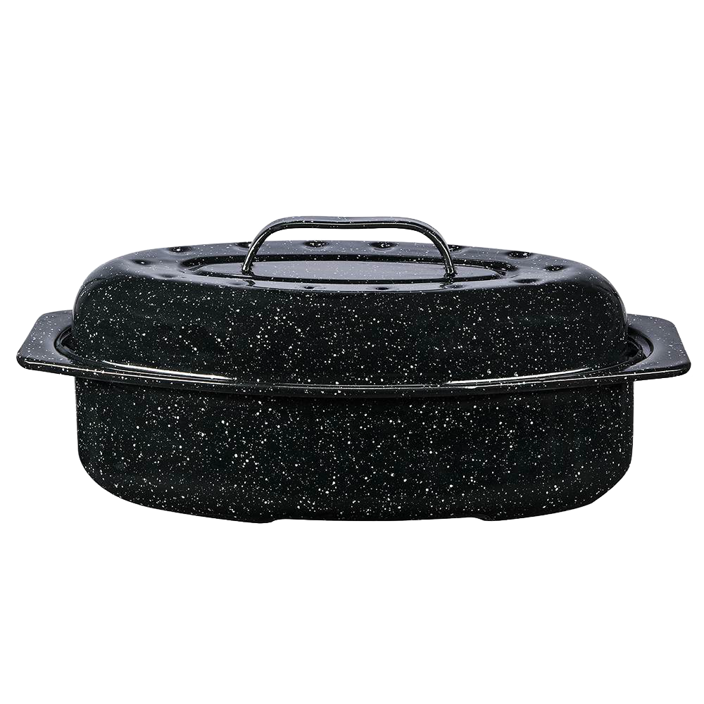 Oval enamel-on-steel roaster in classic speckled black finish featuring a domed lid with interior dimples for self-basting, suited for Kitchen & Food, Cookware, and Best Sellers collections.
