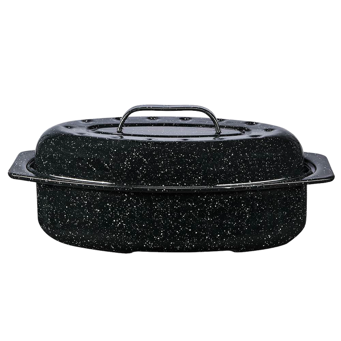 Oval enamel-on-steel roaster in classic speckled black finish featuring a domed lid with interior dimples for self-basting, suited for Kitchen & Food, Cookware, and Best Sellers collections.