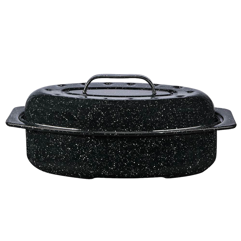 Oval enamel-on-steel roaster in classic speckled black finish featuring a domed lid with interior dimples for self-basting, suited for Kitchen & Food, Cookware, and Best Sellers collections.
