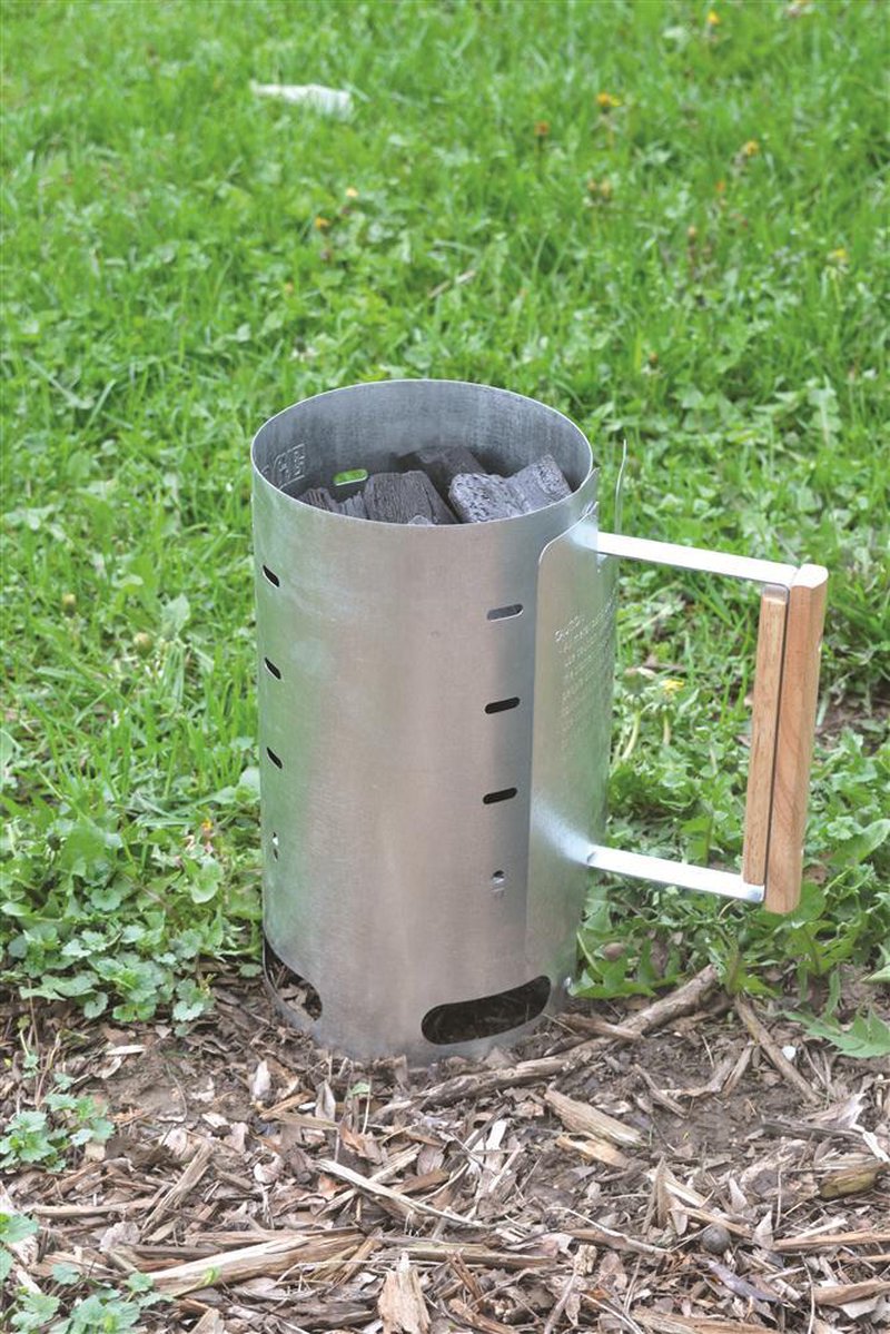 Aluminized steel charcoal starter with wooden handle filled with briquets, designed for quick charcoal ignition, ideal for camping, farm, garden, and outdoor tool collections.