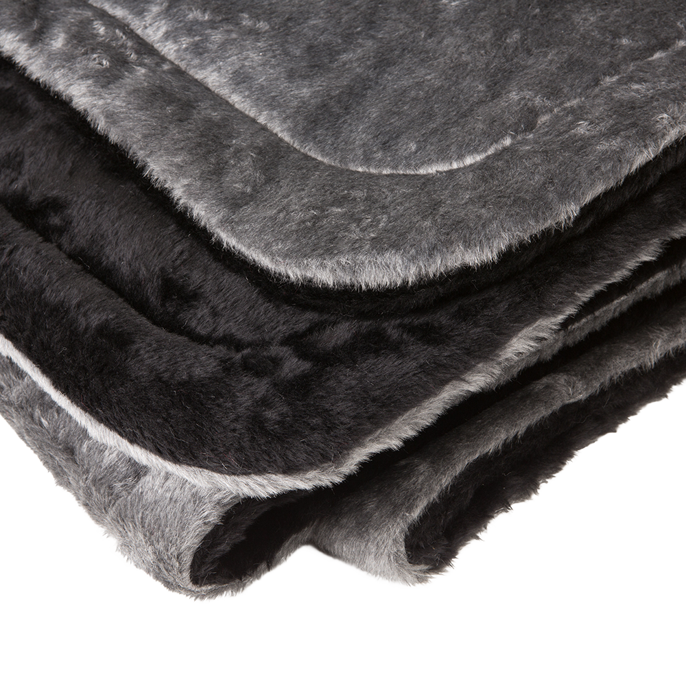 Close-up of a handcrafted Amish made lap robe in shades of gray and black with plush warm faux fur exterior and quilted synthetic lining, ideal for Home & Decor, Farm, Garden & Tool, Emergency Supplies, Home Textiles, USA Made, Amish Made, and Best Sellers collections.