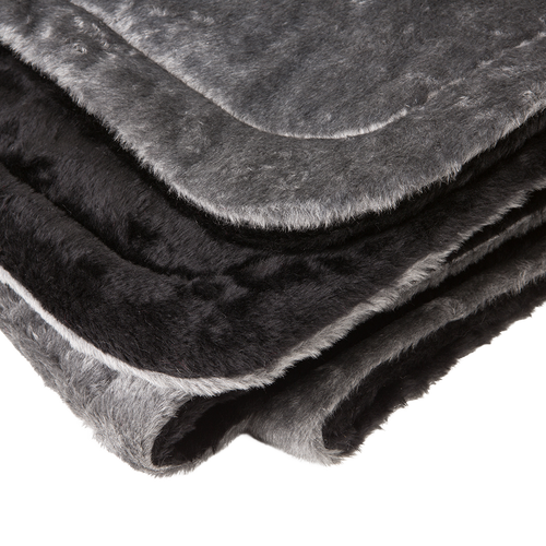 Close-up of a handcrafted Amish made lap robe in shades of gray and black with plush warm faux fur exterior and quilted synthetic lining, ideal for Home & Decor, Farm, Garden & Tool, Emergency Supplies, Home Textiles, USA Made, Amish Made, and Best Sellers collections.