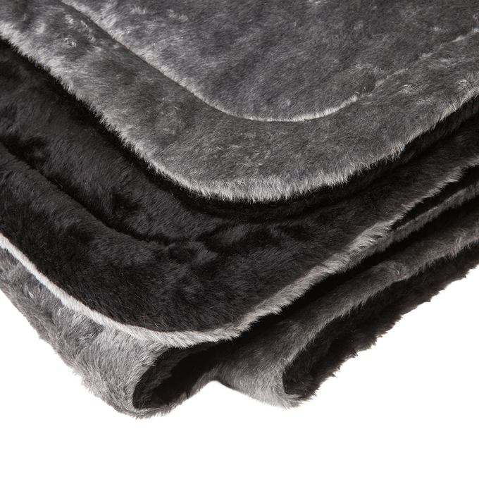 Close-up of a handcrafted Amish made lap robe in shades of gray and black with plush warm faux fur exterior and quilted synthetic lining, ideal for Home & Decor, Farm, Garden & Tool, Emergency Supplies, Home Textiles, USA Made, Amish Made, and Best Sellers collections.