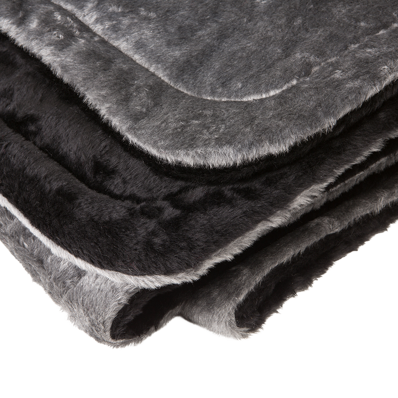 Close-up of a handcrafted Amish made lap robe in shades of gray and black with plush warm faux fur exterior and quilted synthetic lining, ideal for Home & Decor, Farm, Garden & Tool, Emergency Supplies, Home Textiles, USA Made, Amish Made, and Best Sellers collections.