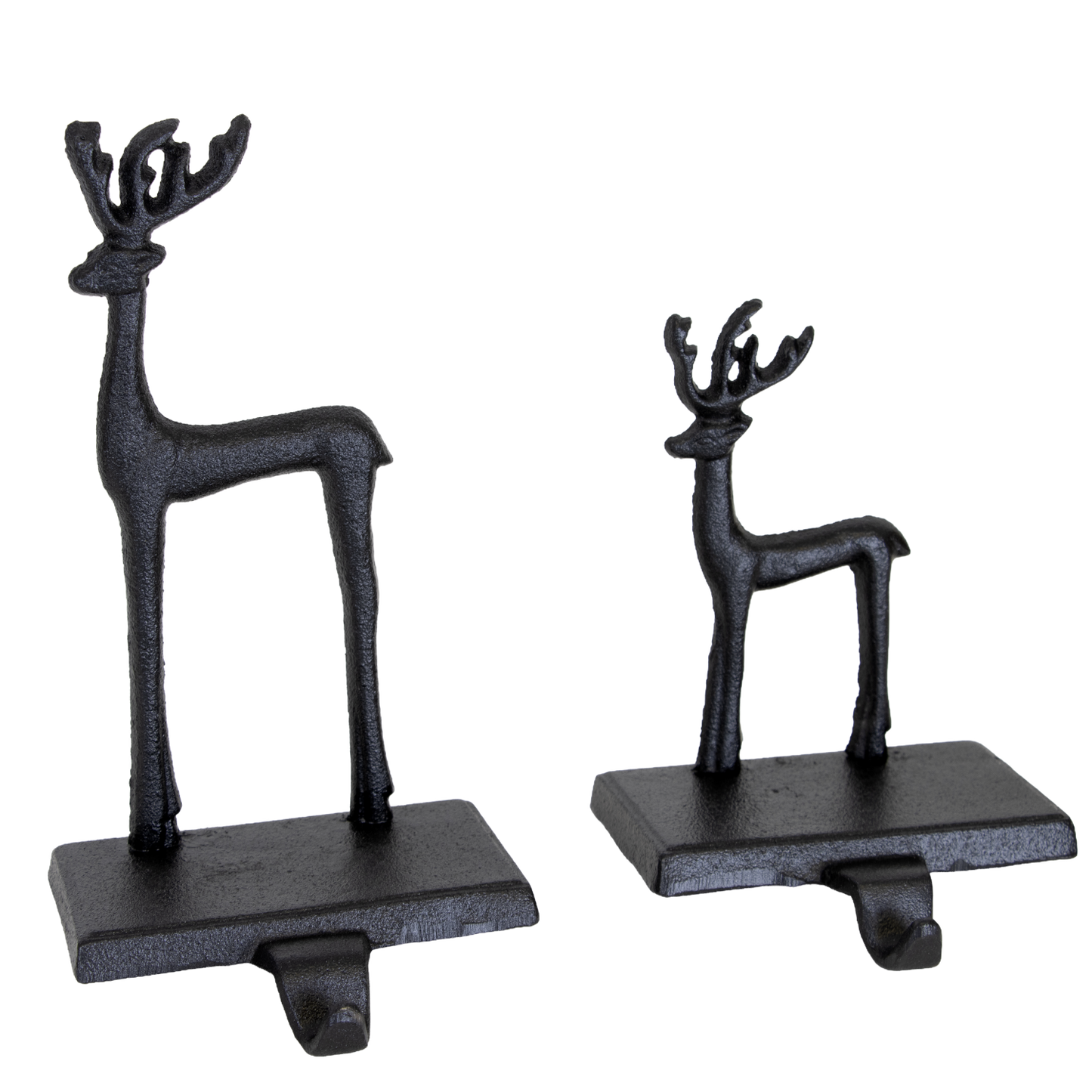 Pair of handcrafted black iron deer stocking holders in two sizes with sturdy bases and hooks, designed for Home & Decor, Holiday Decor, Best Sellers, and Promo Eligible collections.
