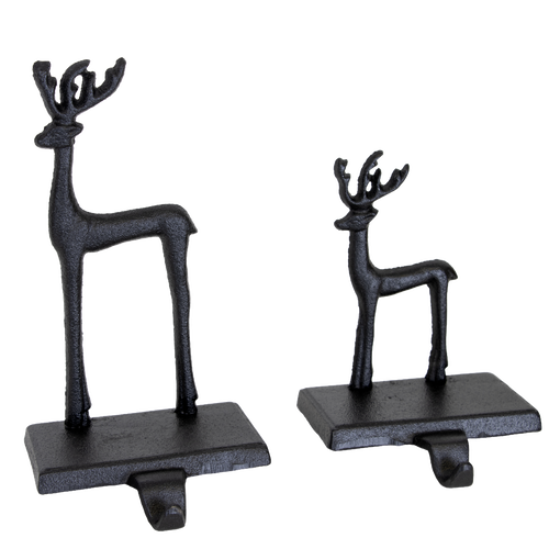 Pair of handcrafted black iron deer stocking holders in two sizes with sturdy bases and hooks, designed for Home & Decor, Holiday Decor, Best Sellers, and Promo Eligible collections.
