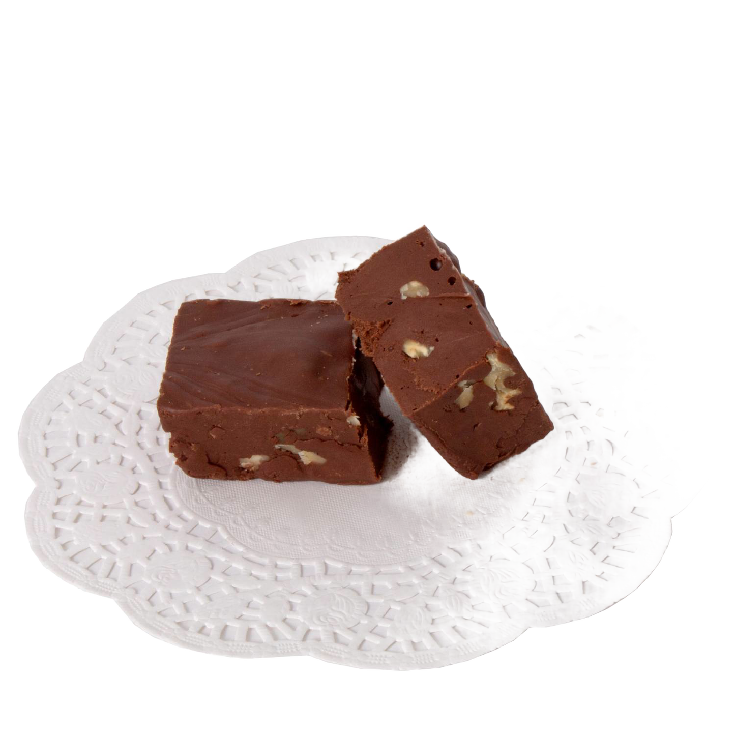 Two pieces of creamy chocolate fudge with visible nut pieces, presented on a decorative white paper doily, showcasing a handcrafted treat from USA-made snack collections.