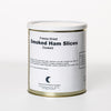 Cylindrical metal can labeled freeze-dried smoked ham slices with a simple white and gold design, featuring cooked pork product ideal for long-term food storage in emergency supplies.