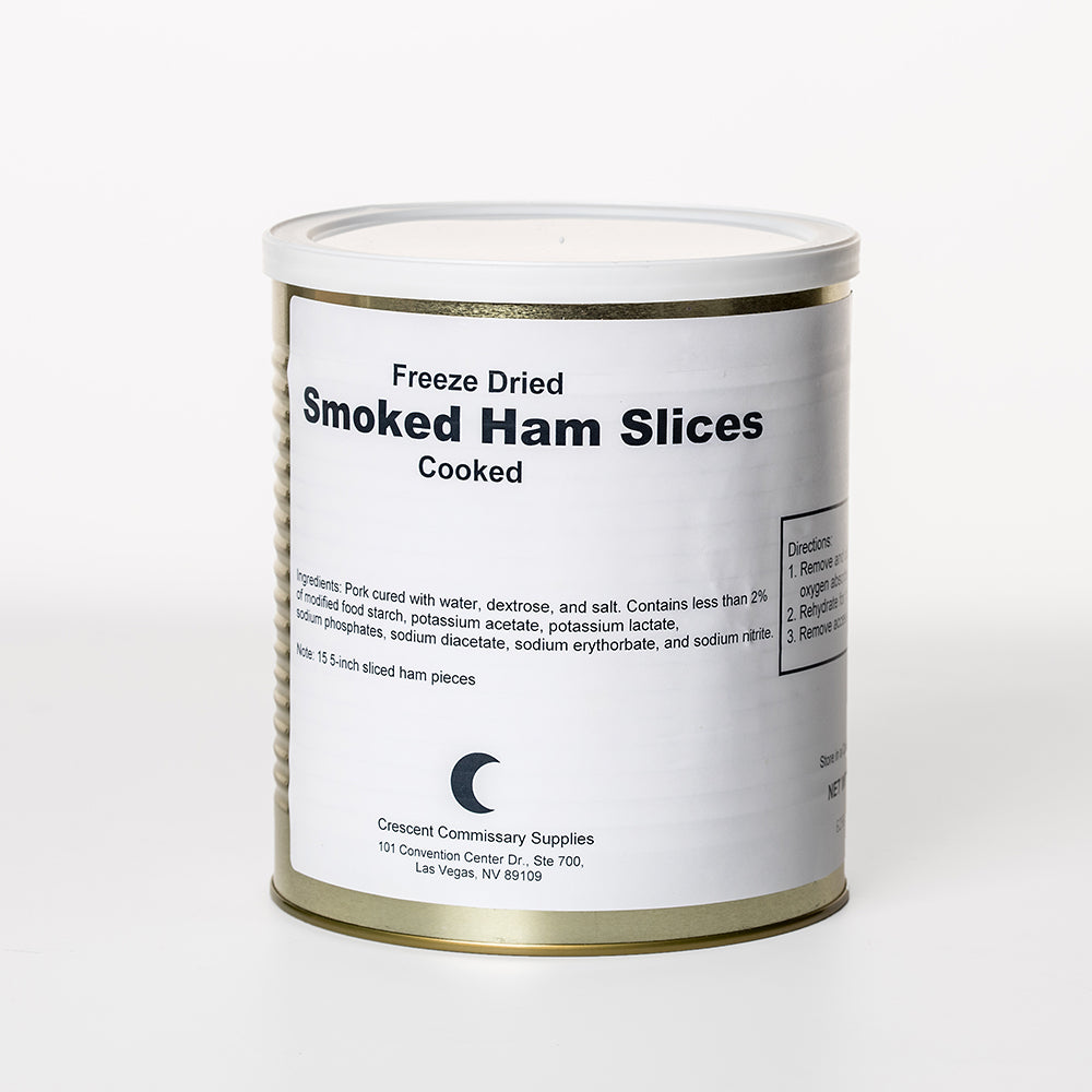 Cylindrical metal can labeled freeze-dried smoked ham slices with a simple white and gold design, featuring cooked pork product ideal for long-term food storage in emergency supplies.