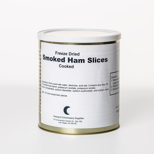 Cylindrical metal can labeled freeze-dried smoked ham slices with a simple white and gold design, featuring cooked pork product ideal for long-term food storage in emergency supplies.