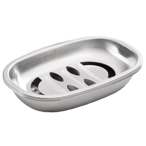 Brushed stainless steel soap dish with removable top piece to keep soap dry, designed for kitchen or bathroom sinks, featured in Health & Wellness and Home & Decor collections.