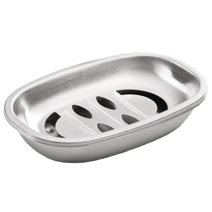 Brushed stainless steel soap dish with removable top piece to keep soap dry, designed for kitchen or bathroom sinks, featured in Health & Wellness and Home & Decor collections.