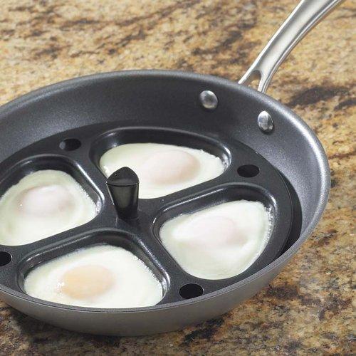 Aluminum egg poacher with non-stick coating and stainless steel handle, divided into four sections for cooking eggs evenly, suitable for Kitchen & Food, Kitchen Gadgets, and USA Made collections.