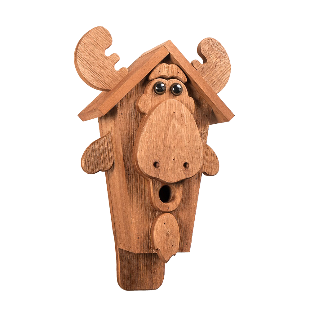 Handcrafted moose-shaped birdhouse made from durable yellow pine, featuring a single entryway and finished with soy-based stain, perfect for Farm, Garden & Tool and Animal Care collections.