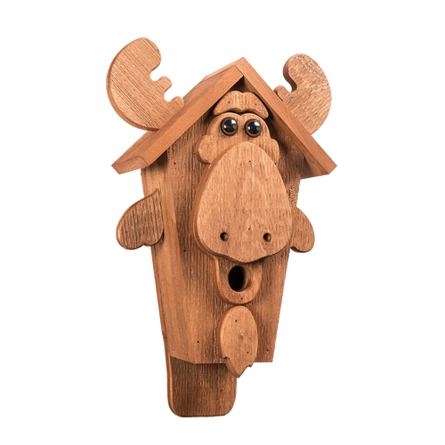 Handcrafted moose-shaped birdhouse made from durable yellow pine, featuring a single entryway and finished with soy-based stain, perfect for Farm, Garden & Tool and Animal Care collections.