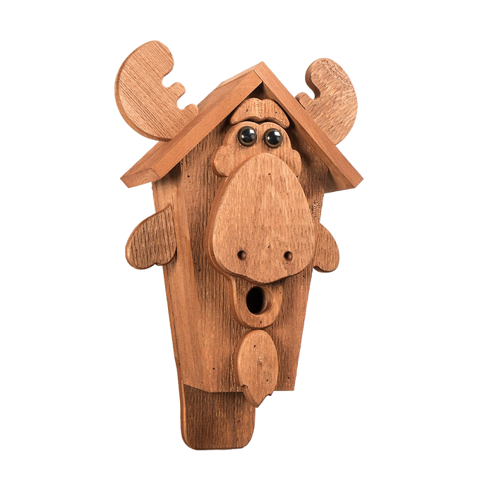 Handcrafted moose-shaped birdhouse made from durable yellow pine, featuring a single entryway and finished with soy-based stain, perfect for Farm, Garden & Tool and Animal Care collections.