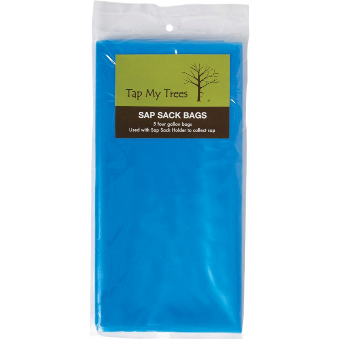 Pack of five semi-transparent blue sap collection bags designed for maple sugaring, keeping contaminants out and making sap volume visible; ideal for Farm, Garden & Tool, Orchard and Grove, Maple Syrup Sugaring Supplies, Best Sellers, and Promo Eligible collections.