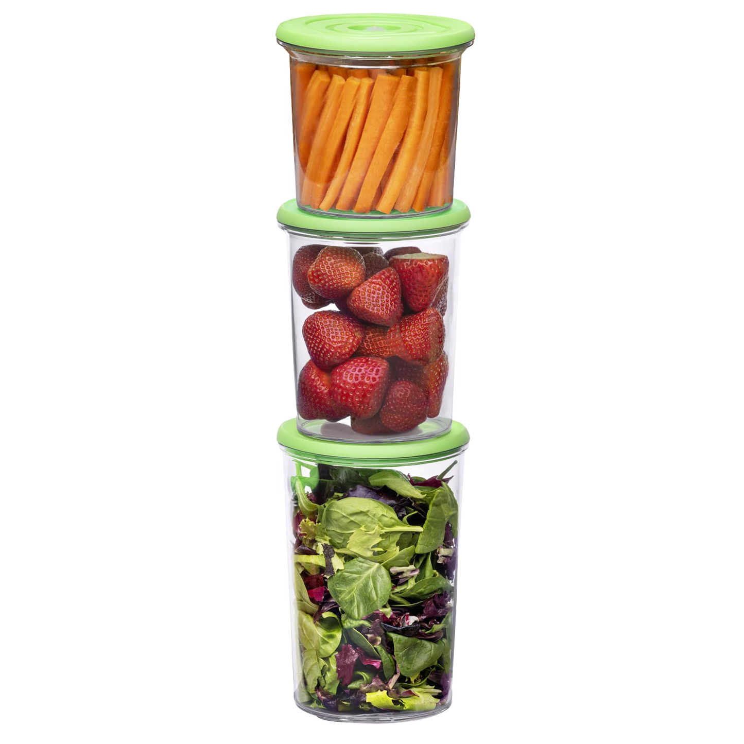 Three clear vacuum seal containers with green lids stacked vertically, filled with fresh carrot sticks, whole strawberries, and mixed leafy greens, ideal for food preservation in Kitchen & Food collections.