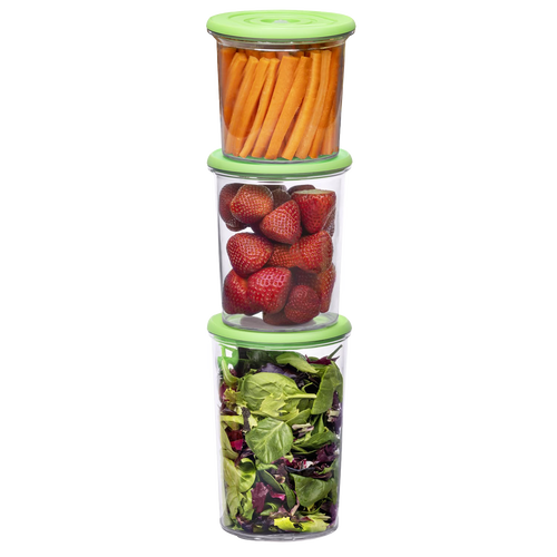 Three clear vacuum seal containers with green lids stacked vertically, filled with fresh carrot sticks, whole strawberries, and mixed leafy greens, ideal for food preservation in Kitchen & Food collections.
