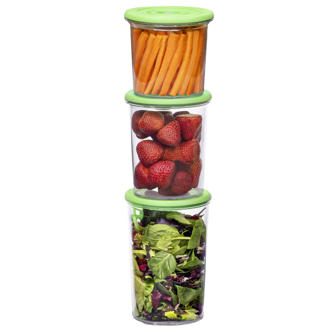 Three clear vacuum seal containers with green lids stacked vertically, filled with fresh carrot sticks, whole strawberries, and mixed leafy greens, ideal for food preservation in Kitchen & Food collections.