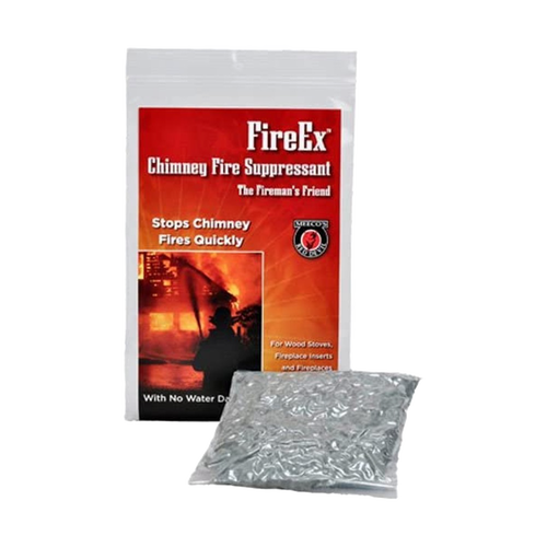 FireEx chimney fire suppressant pouch with protective packaging, designed to quickly stop chimney fires without water damage, featured in Stoves and Hearth Accessories collections.