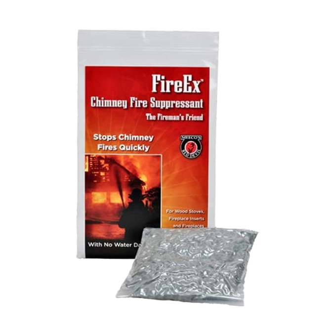 FireEx chimney fire suppressant pouch with protective packaging, designed to quickly stop chimney fires without water damage, featured in Stoves and Hearth Accessories collections.