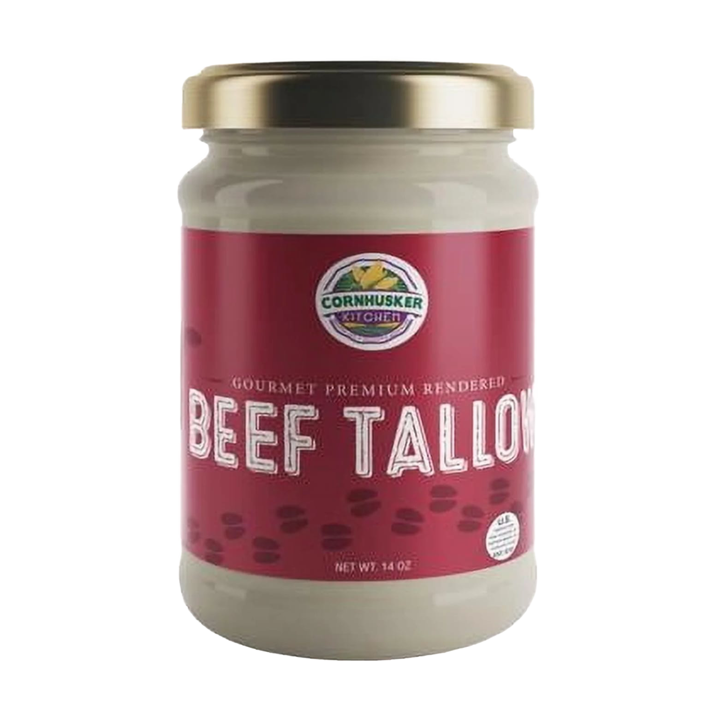 Glass jar of gourmet premium rendered beef tallow with a red label and gold lid, crafted in the USA, ideal for high-heat cooking, featured in Kitchen & Food, Pantry, and Best Sellers collections.