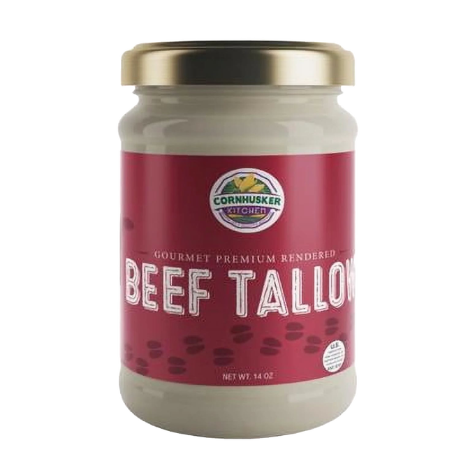 Glass jar of gourmet premium rendered beef tallow with a red label and gold lid, crafted in the USA, ideal for high-heat cooking, featured in Kitchen & Food, Pantry, and Best Sellers collections.