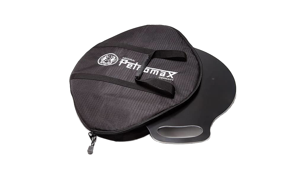 Round black transport bag with durable fabric and carrying handles, designed to protect and store a griddle and fire bowl for camping and outdoor use in Farm, Garden & Tool collections.