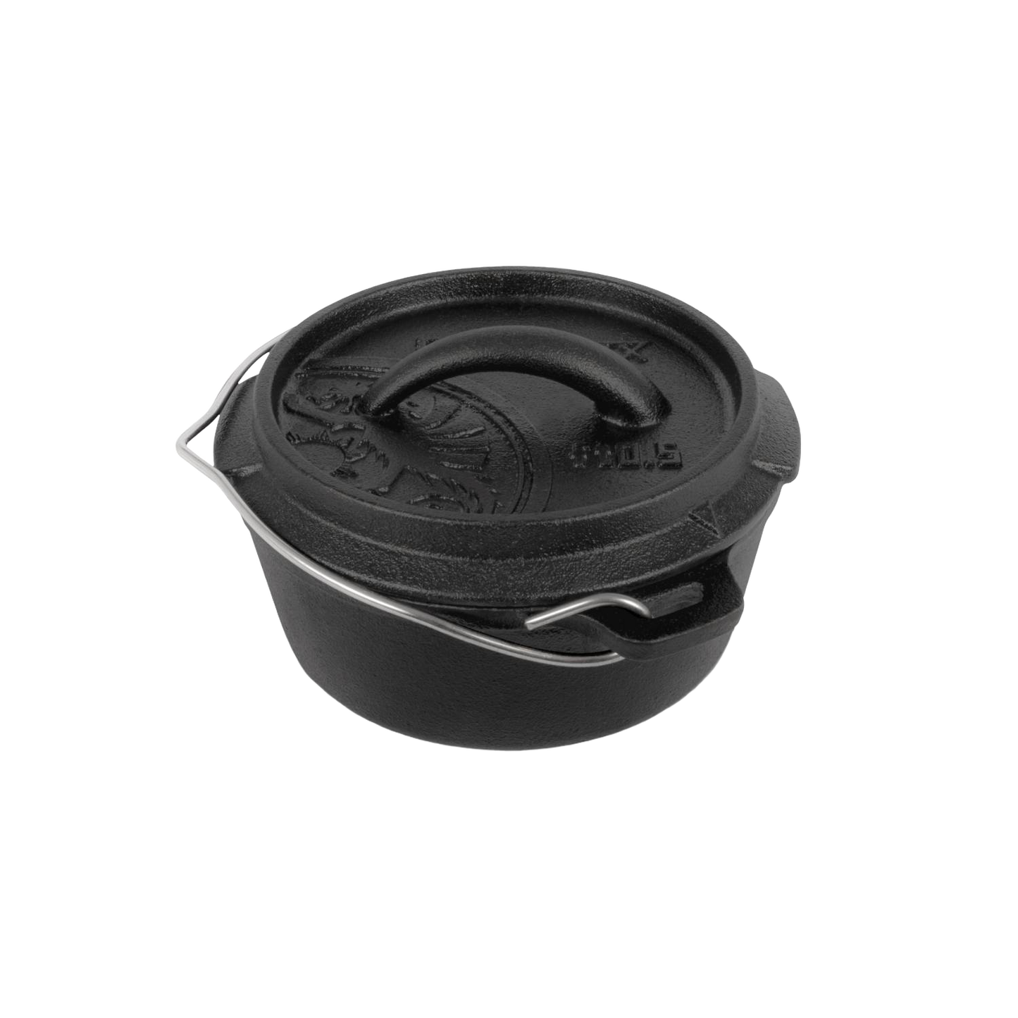 Compact cast iron Dutch oven with flat base and embossed lid featuring a robust handle, designed for versatile kitchen and outdoor use, included in Kitchen & Food, Cookware, Cast Iron, Best Sellers, and Promo Eligible collections.