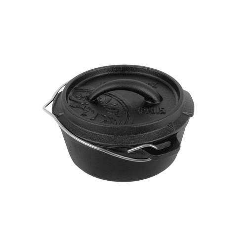 Compact cast iron Dutch oven with flat base and embossed lid featuring a robust handle, designed for versatile kitchen and outdoor use, included in Kitchen & Food, Cookware, Cast Iron, Best Sellers, and Promo Eligible collections.