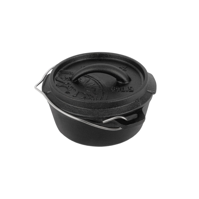 Compact cast iron Dutch oven with flat base and embossed lid featuring a robust handle, designed for versatile kitchen and outdoor use, included in Kitchen & Food, Cookware, Cast Iron, Best Sellers, and Promo Eligible collections.