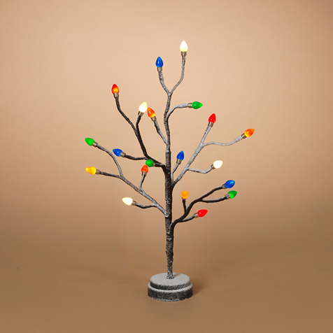 Handcrafted lighted holiday tree with snow-dusted branches and multicolored bulb caps on a round base, battery operated and perfect for Home & Decor, Holiday Decor, Best Sellers, and Promo Eligible collections.