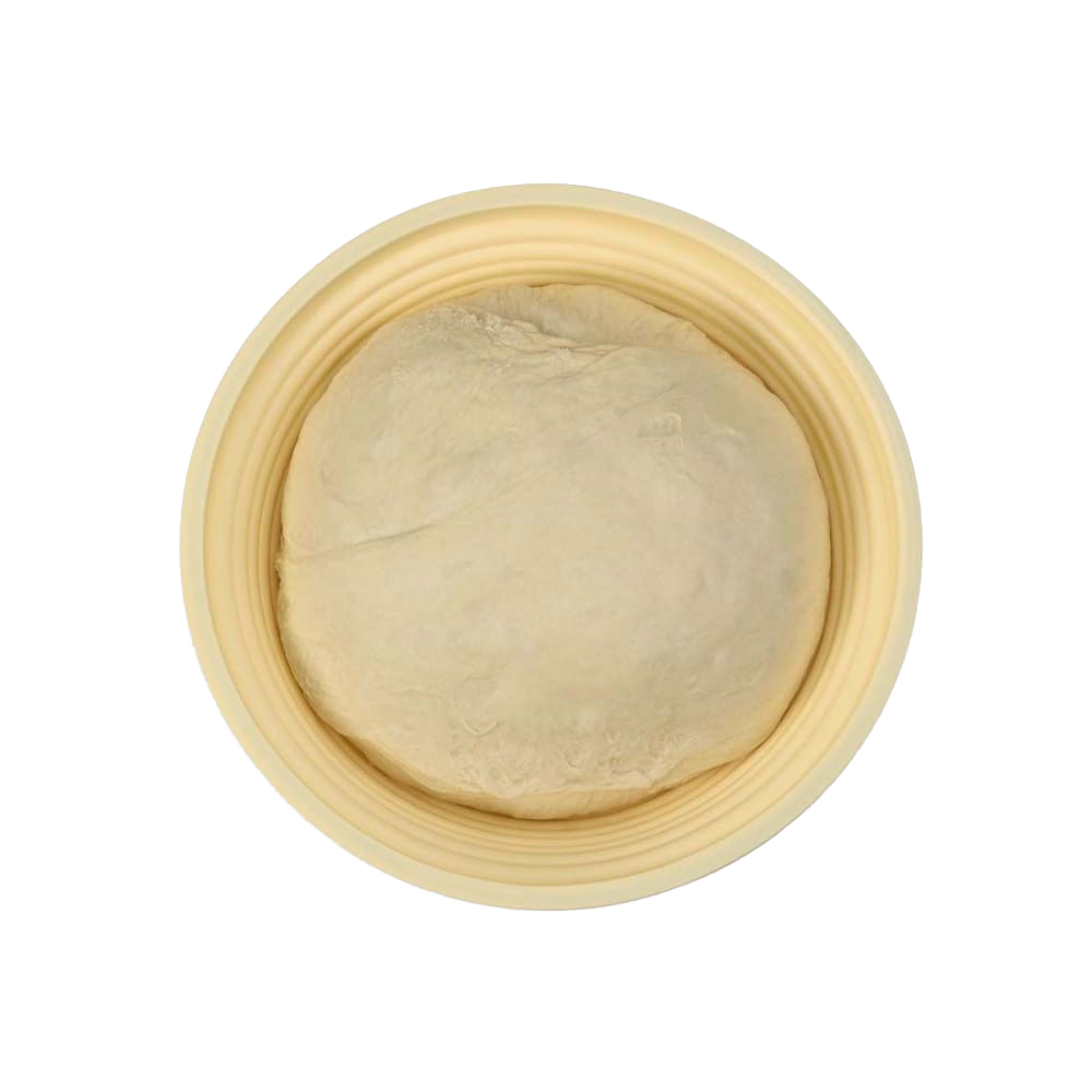Light-colored collapsible proofing basket made from silicone with steel rim, holding round dough rising, ideal for Kitchen & Food and Baking Supplies collections.
