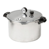 Heavy gauge aluminum pressure canner with secure locking lid, pressure gauge, and heat-resistant handles, designed for safe food preservation and kitchen use.