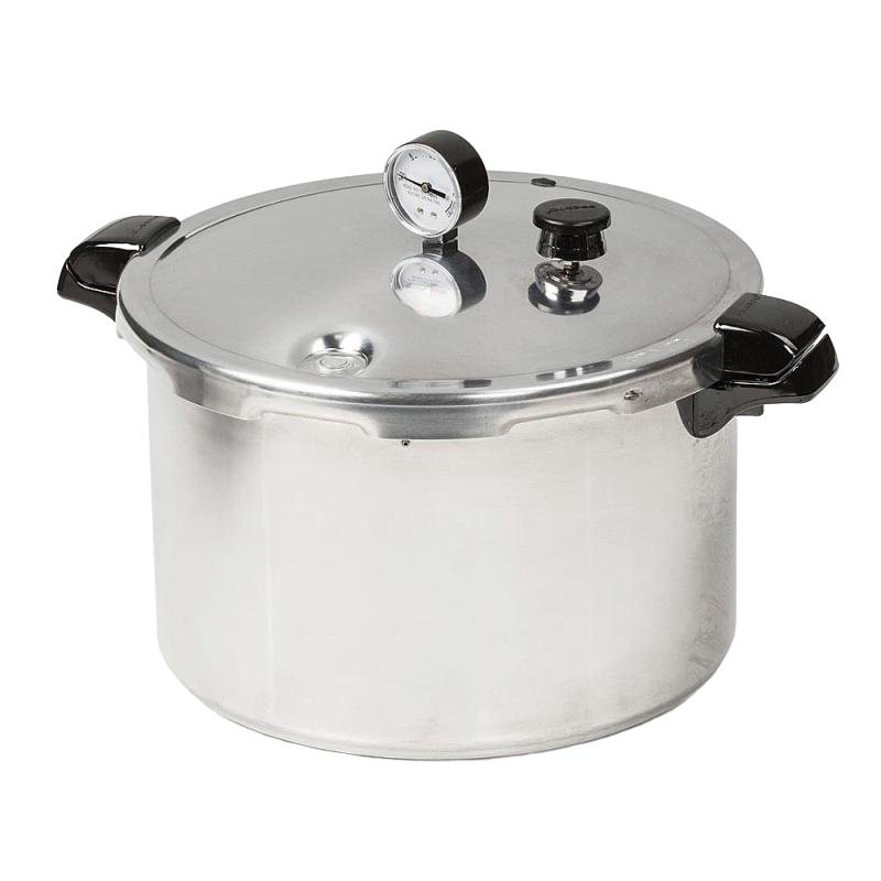 Heavy gauge aluminum pressure canner with secure locking lid, pressure gauge, and heat-resistant handles, designed for safe food preservation and kitchen use.