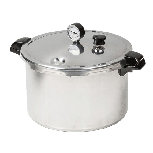 Heavy gauge aluminum pressure canner with secure locking lid, pressure gauge, and heat-resistant handles, designed for safe food preservation and kitchen use.