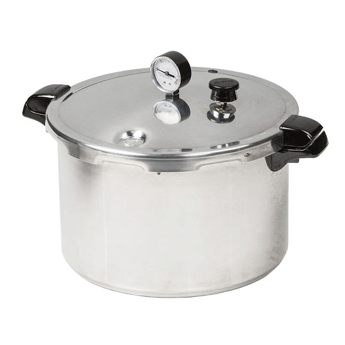 Heavy gauge aluminum pressure canner with secure locking lid, pressure gauge, and heat-resistant handles, designed for safe food preservation and kitchen use.